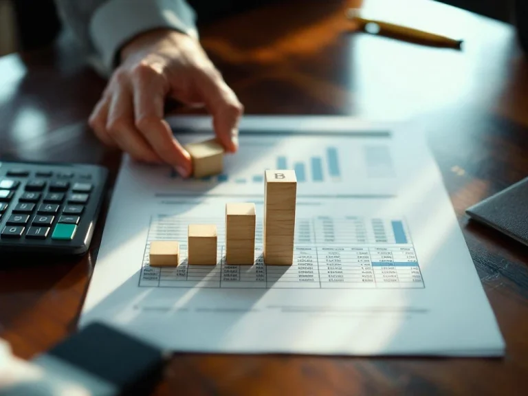 Businessman's hand stacking wooden blocks on financial spreadsheet showing budget growth levels with calculator and pen