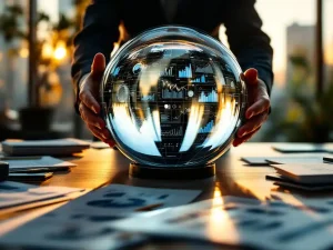 Business executive consulting crystal ball with data visualizations on modern office desk with financial reports