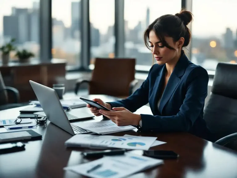 CFO in navy suit analyzing financial data on tablet at conference table in executive boardroom with city skyline view