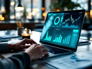 Modernt kontorsbord med bärbar dator som visar finansiella instrumentpaneler, AI-processorchip och händer som skriver på tangentbordet