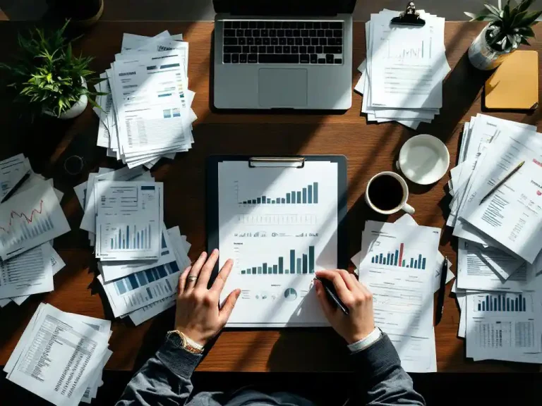 Professional organizing financial documents and spreadsheets on mahogany desk with laptop displaying data and coffee cup
